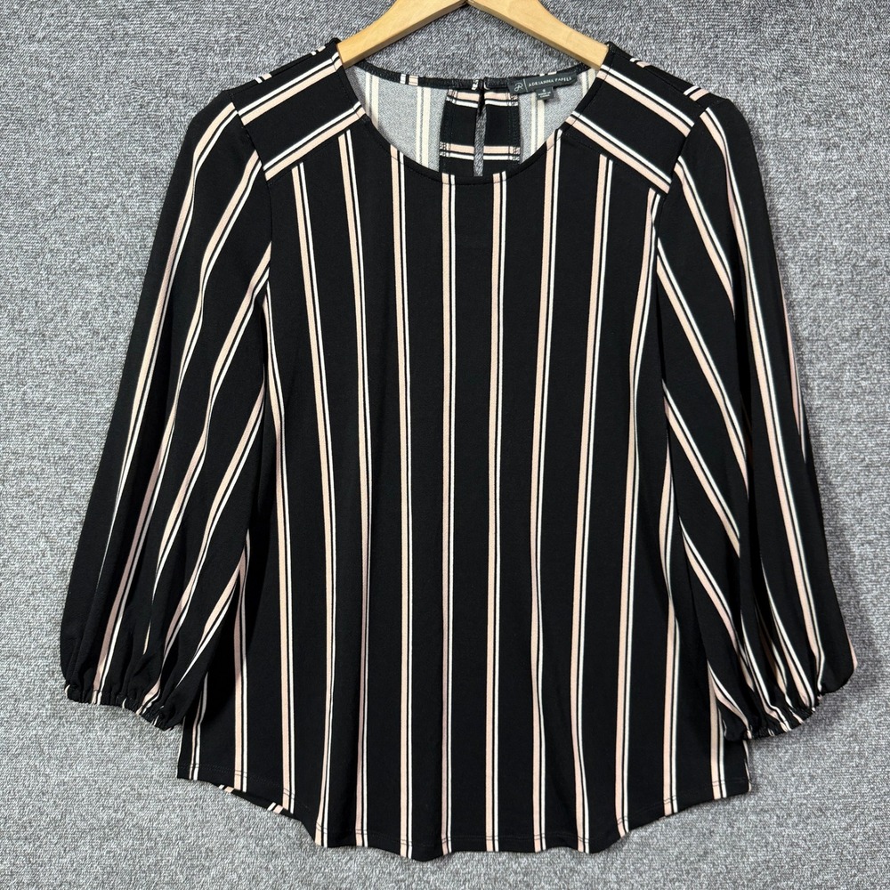 Adrianna Papell Blouse Womens Small Black Striped 3/4 Puff Sleeve